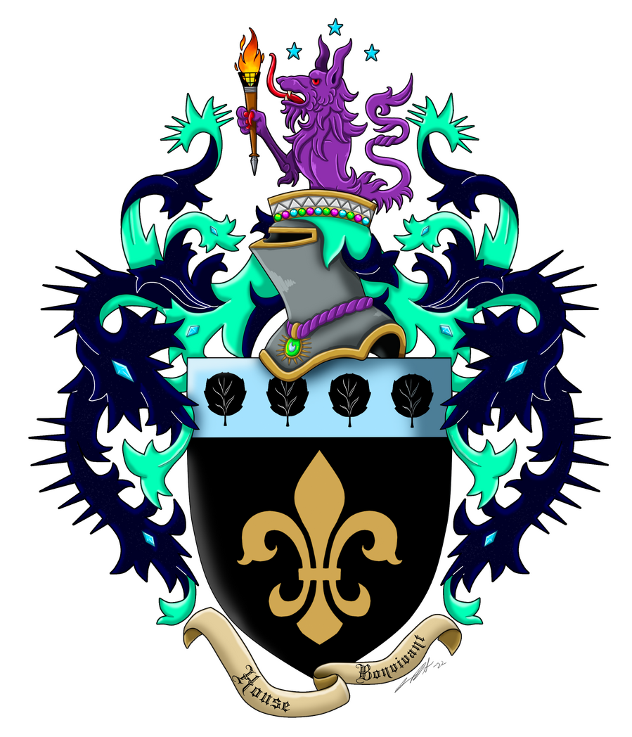 A heraldry bearing a golden fleur de lis on a black crest, surrounded by blue, teal, and purple accents.