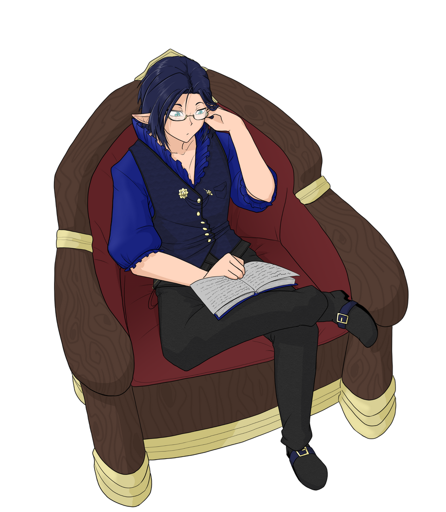A drawing of Marce sitting and reading a book.